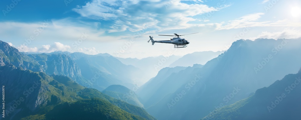 Helicopter flying over a mountain range, aerial adventure, scenic helicopter tours Helicopter flying over a mountain range, aerial adventure, scenic helicopter tours