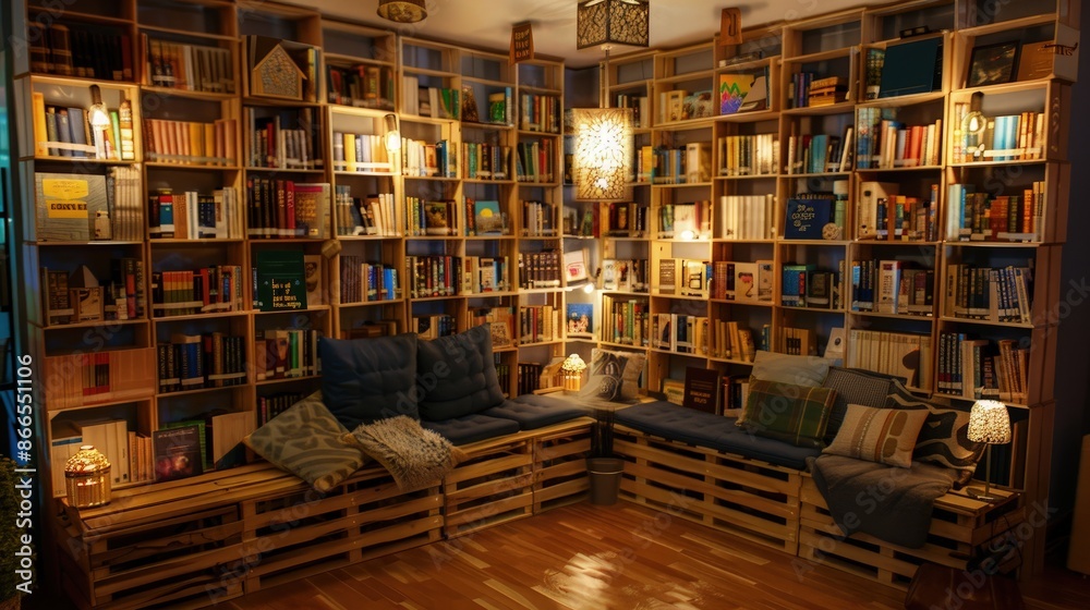 A home library with DIY bookshelves made from crates stacked against the walls, a reading nook with a DIY upholstered bench, and soft lighting from handmade paper lamps. A home library with DIY bookshelves made from crates stacked against the walls, a reading nook with a DIY upholstered bench, and soft lighting from handmade paper lamps.