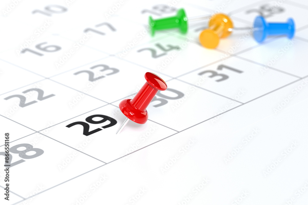 Calendar with Red Pushpin. Date Concept Using White Background and Simple Composition. 3d Rendering Calendar with Red Pushpin. Date Concept Using White Background and Simple Composition. 3d Rendering