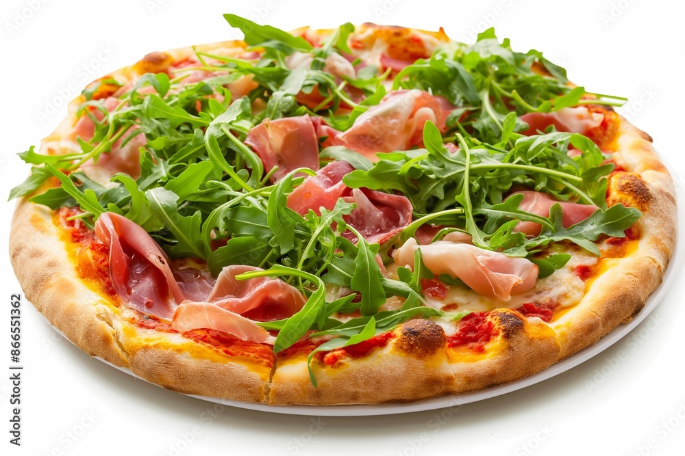 A pizza with ham and spinach on top. Isolated on white background A pizza with ham and spinach on top. Isolated on white background