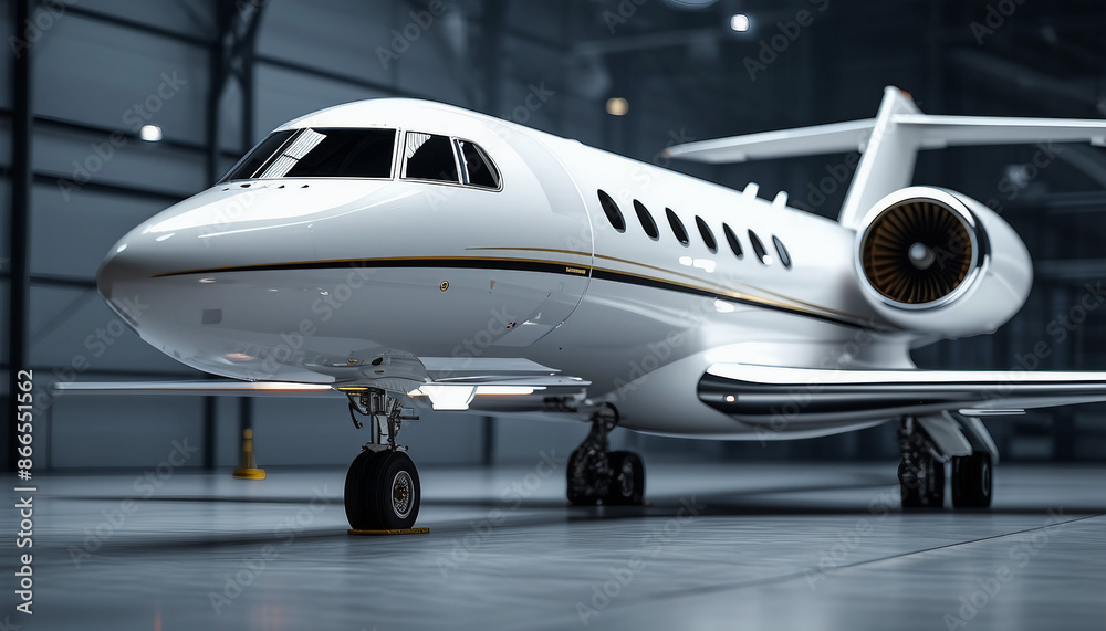 modern white color private jet at hangar, glossy ground, fancy lights background isolated grey background modern white color private jet at hangar, glossy ground, fancy lights background isolated grey background