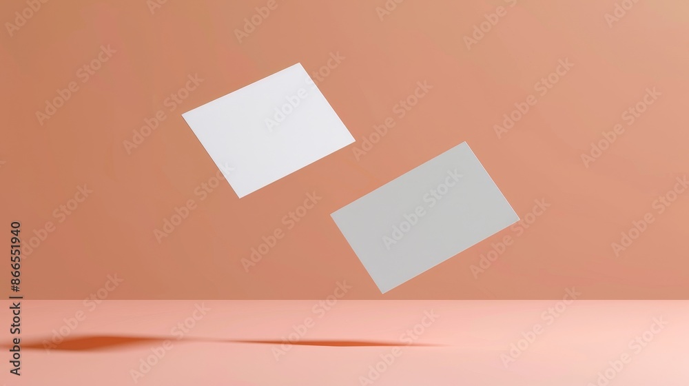 A mockup of two floating business cards on a pink background. Include your design.