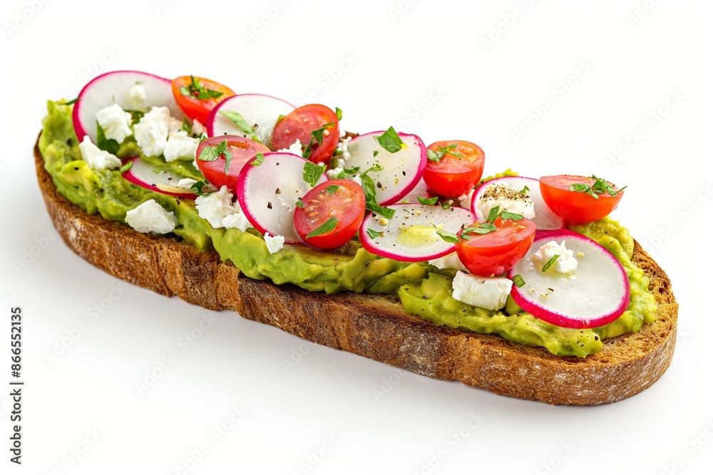 A sandwich with avocado, tomatoes, and radishes. Isolated on white background A sandwich with avocado, tomatoes, and radishes. Isolated on white background