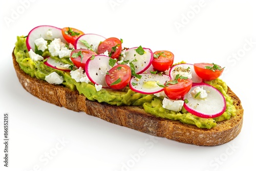 A sandwich with avocado, tomatoes, and radishes. Isolated on white background