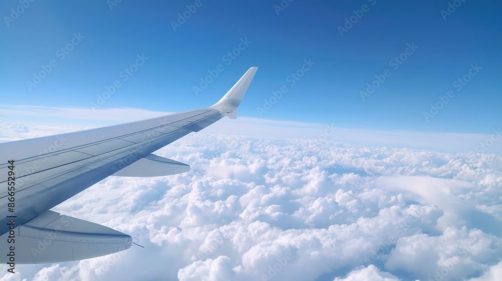 Airplane wing with a view of the clouds, in-flight experience, travel perspective