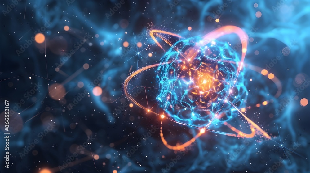 stable atom nucleus with electrons spinning around it, set against a technology background. High detail representation of atomic structure and scientific innovation. Red, Blue light, shining stable atom nucleus with electrons spinning around it, set against a technology background. High detail representation of atomic structure and scientific innovation. Red, Blue light, shining