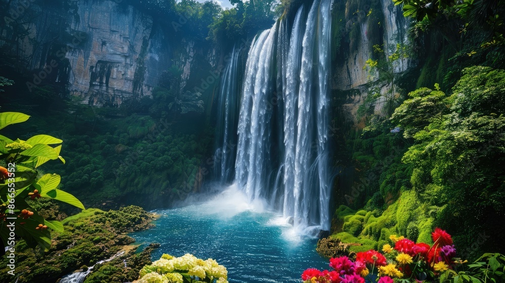 Fototapeta premium A majestic waterfall cascading into a deep pool, surrounded by lush vegetation and vibrant flowers