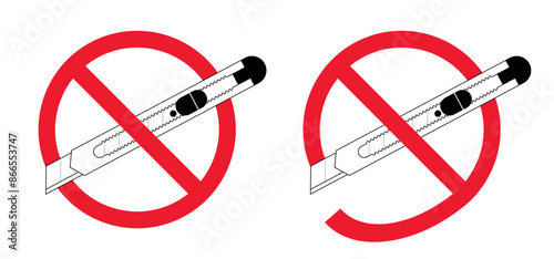 No work knives, do not disassemble, prohibition. Retractable blade or cutter knife. No need to install by tool. Work, school tools. Retractable blades. Utility knife or jackknife. Forbidden red symbol