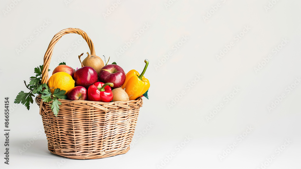 Healthy food. Vegetables and fruits background. Set of different fruits and vegetables on white background. Wicker basket with fresh colorful fruits and vegetables. Healthy nutrition. Space for text Healthy food. Vegetables and fruits background. Set of different fruits and vegetables on white background. Wicker basket with fresh colorful fruits and vegetables. Healthy nutrition. Space for text