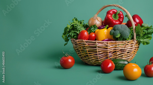 Vegetables and fruits background. Basket full of colorful vegetables and fruits with copy space for text. Assortment of fresh organic fruits and vegetables. Healthy food. Healthy nutrition