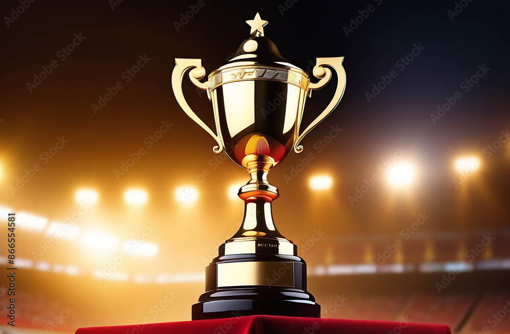 Gold realistic trophy cup on blurred background with free space for text Gold realistic trophy cup on blurred background with free space for text