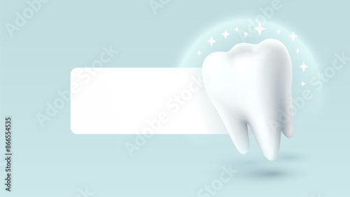 Tooth white, 3D illustration of a tooth on a light background. Vector illustration