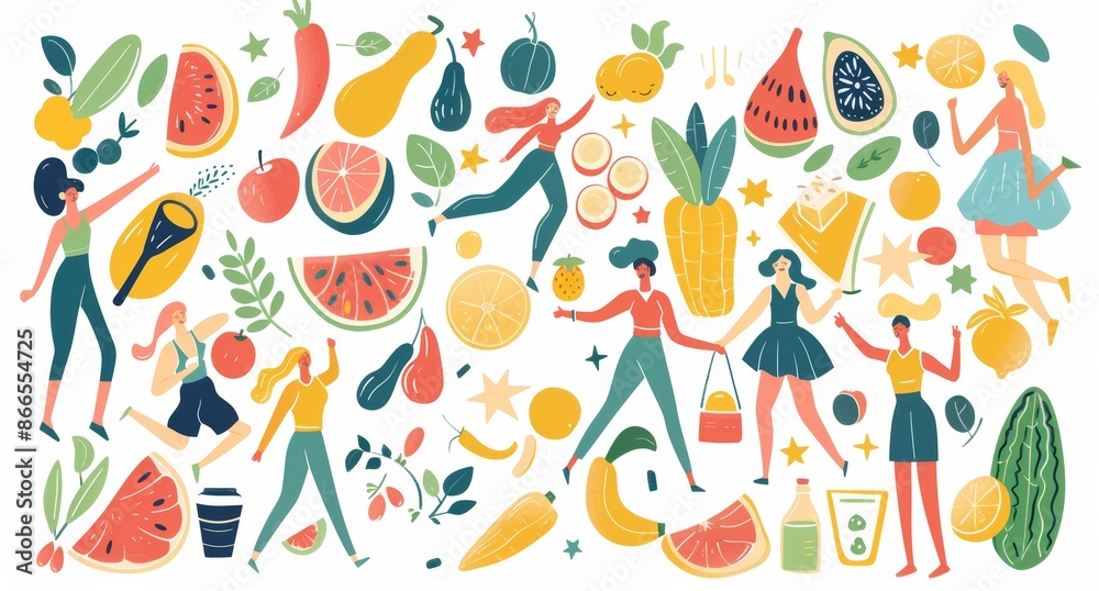 Vegetarian Diet, Healthy Food, People Having Fruits and Vegetables. Isolated on White Background. People Enjoying Healthy Food. Male and female characters with healthy food.