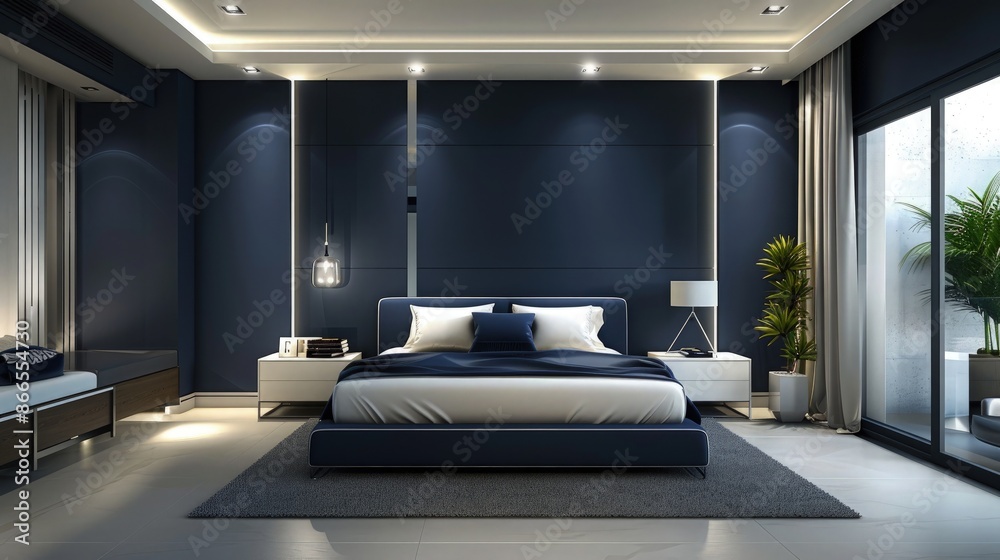 custom made wallpaper toronto digitalElegant dark blue master bedroom with a platform bed centered between matching modern nightstands illuminated by overhead spotlights and natural light from large windows.
