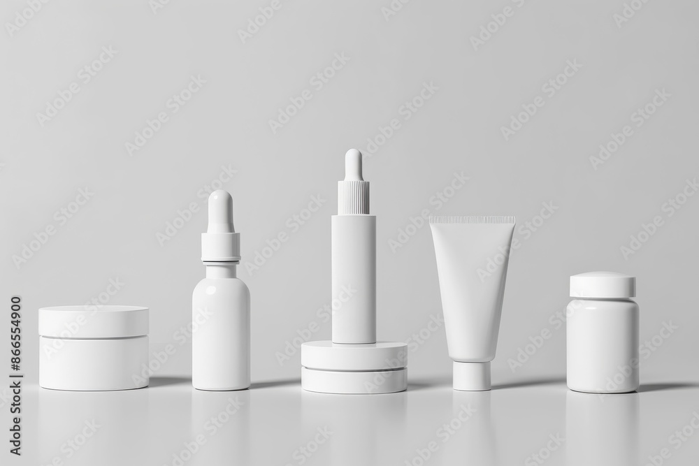 Sleek display of assorted empty white skincare and beauty jars with droppers and tubes on white backdrop Sleek display of assorted empty white skincare and beauty jars with droppers and tubes on white backdrop