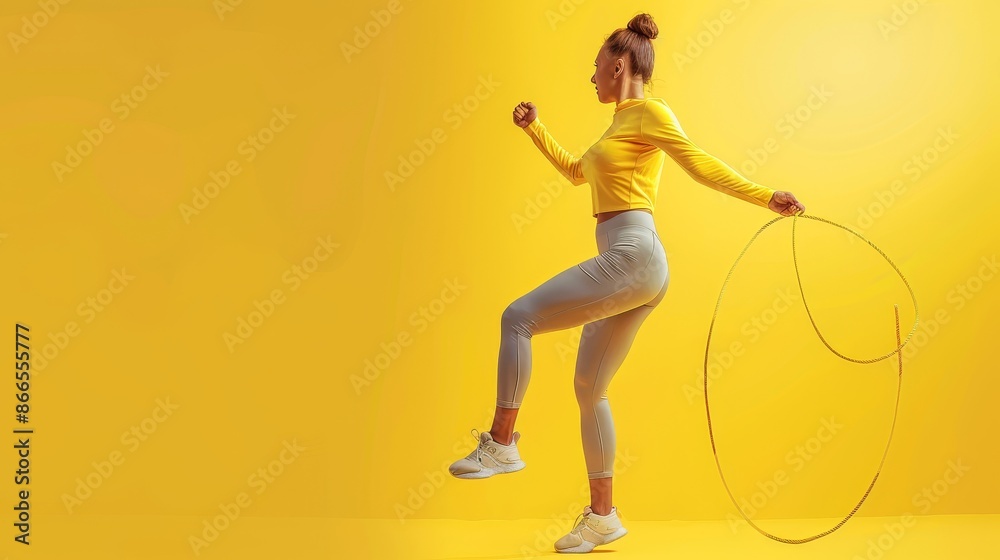 Advertising for a sports store sale using a creative magazine poster collage showing a sportive lady training with a jumping rope Advertising for a sports store sale using a creative magazine poster collage showing a sportive lady training with a jumping rope