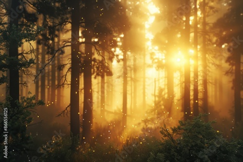 Sunrise in the enchanted woods: misty forest, trees in a sunlit haze, ethereal glow between the trees, digital art render