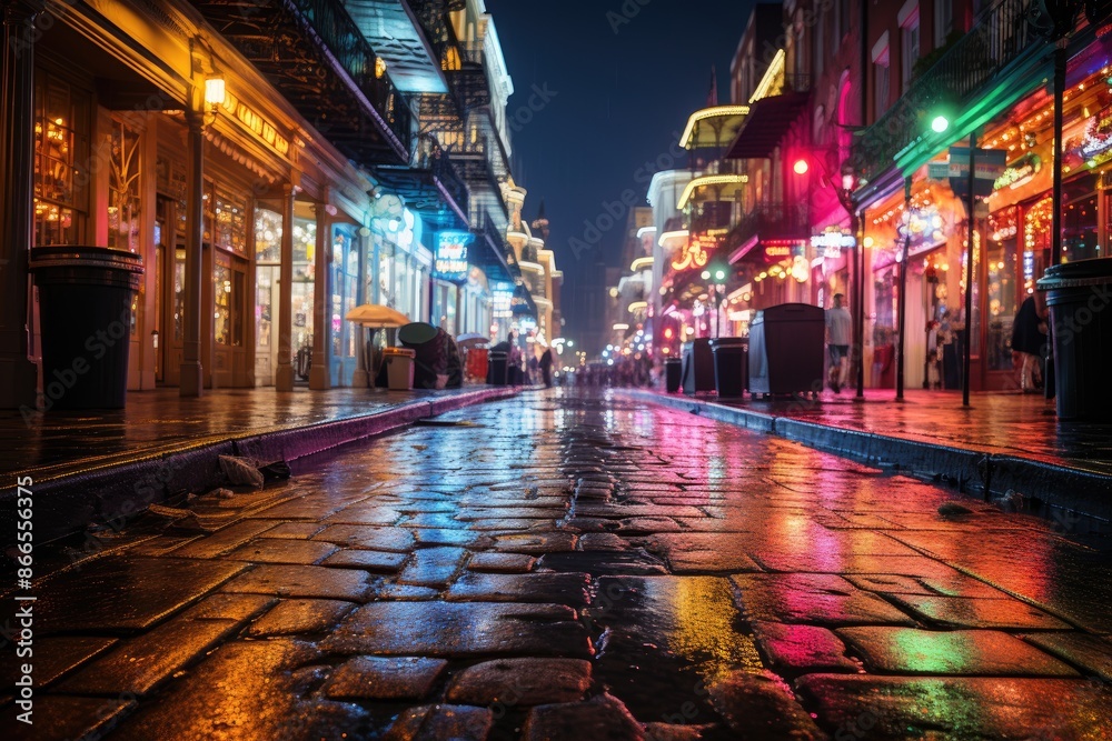 Bourbon Street of New Orleans at night, lively and enlightened., generative IA