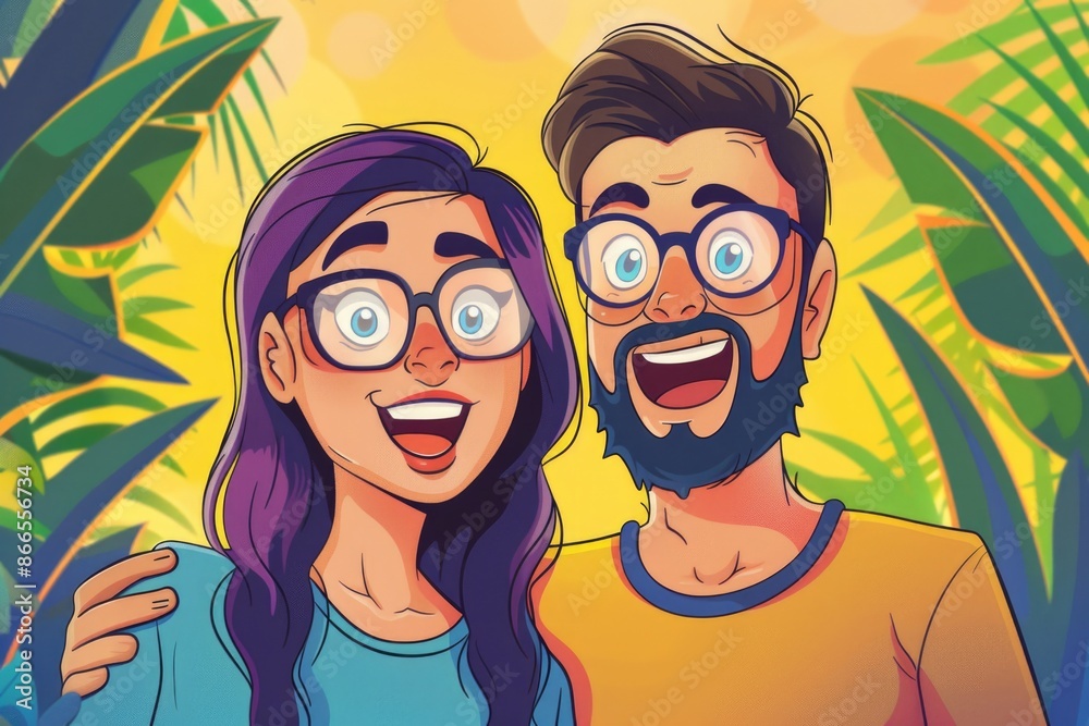 A cartoon drawing of a man and woman smiling at the camera A cartoon drawing of a man and woman smiling at the camera
