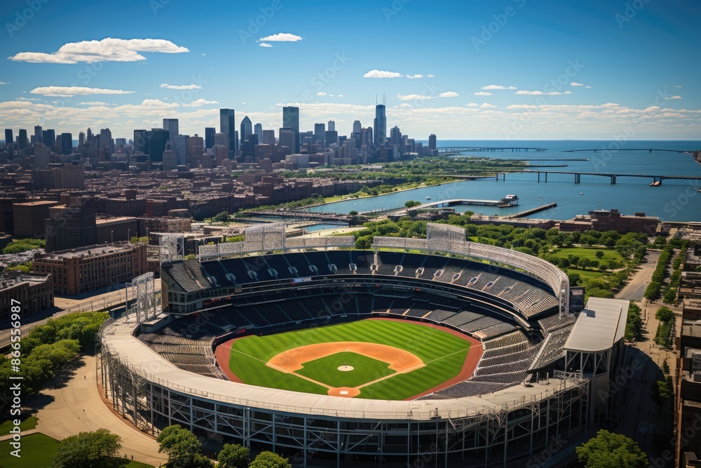 Sunset in the iconic Wrigley Field, Chicago., generative IA