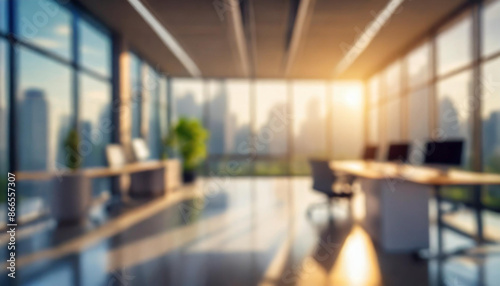 Blured background of modern, sleek office space with glass walls, reflecting the sunset as the backdrop. The office is bathed in natural light, offering a serene workspace.