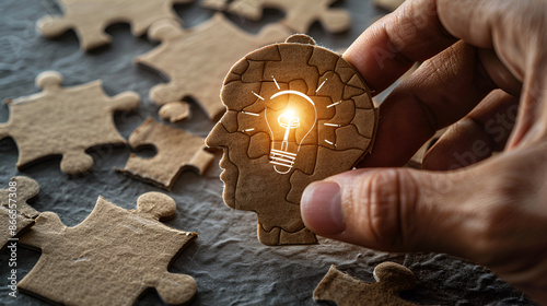 puzzle piece in the shape of a human head. Within the head, there's a light bulb graphic. A human hand is positioned to the right, placing this puzzle piece into its appropriate slot photo