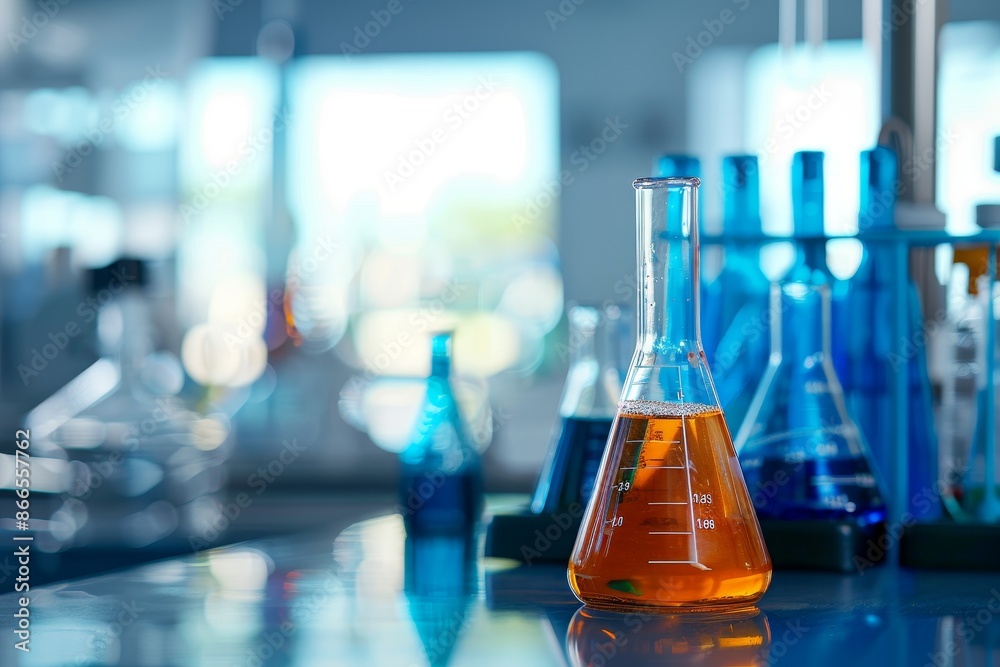 Chemistry school laboratory background with orange solution in science glass flask Chemistry school laboratory background with orange solution in science glass flask