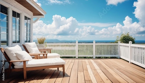 Rustic wooden terrace with a white picket fence, decorated with wood and white fabric patio furniture, under a clear blue sky with fluffy white clouds.