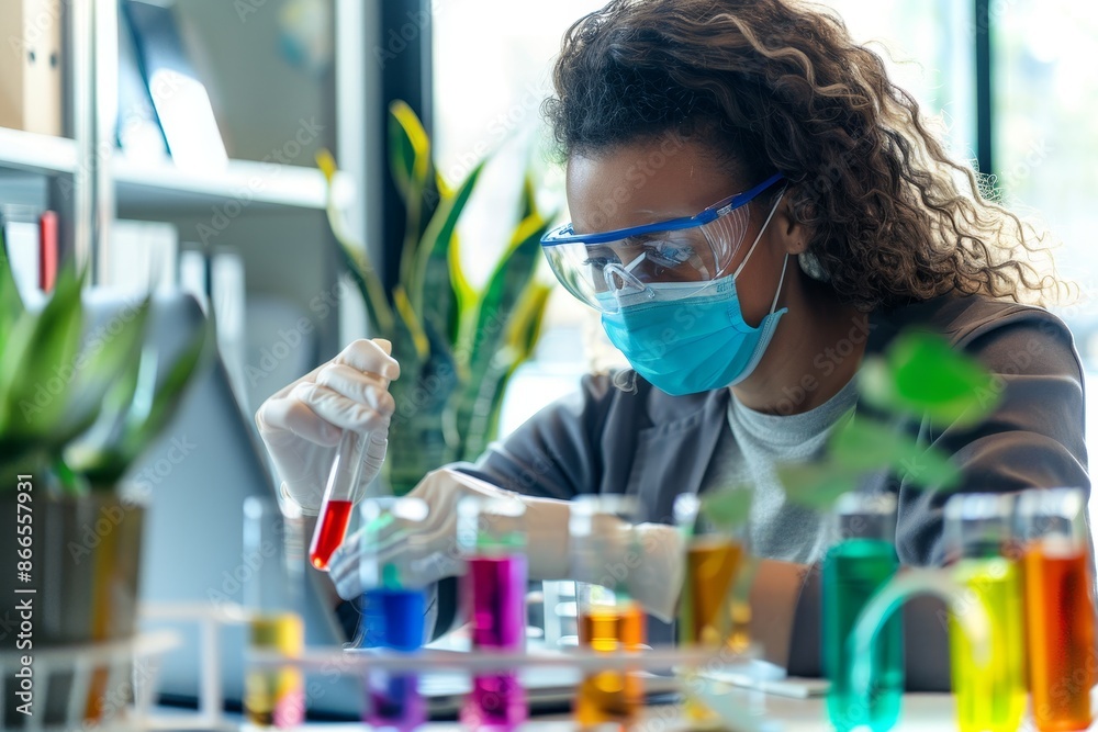 Focus on test tubes as lab assistant sits on a chair and types on a laptop while wearing a lab suit and mask with rubber gloves. A close-up of the lab assistant in uniform, wearing a mask and rubber Focus on test tubes as lab assistant sits on a chair and types on a laptop while wearing a lab suit and mask with rubber gloves. A close-up of the lab assistant in uniform, wearing a mask and rubber