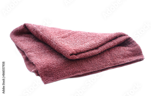 Brown towel isolated on white background. Concept, clothes in daily life using. Towel for bathing, showering or spa massage.       