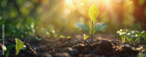 Young Sapling Growing in Sunlight With a Defocused Forest Background