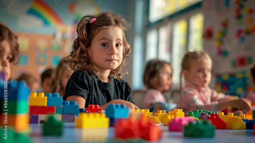 Close-up of little girl playing with toy figures at school. educational Activities, building with colorful blocks in their cheerful gaming room. Close-up of little girl playing with toy figures at school. educational Activities, building with colorful blocks in their cheerful gaming room.