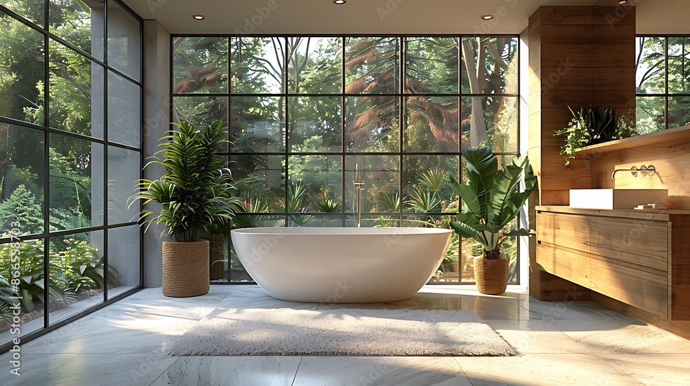 A modern bathroom with a freestanding white bathtub, sleek minimalist fixtures, and natural light pouring in from a large window. The design exudes modern serenity with clean lines A modern bathroom with a freestanding white bathtub, sleek minimalist fixtures, and natural light pouring in from a large window. The design exudes modern serenity with clean lines