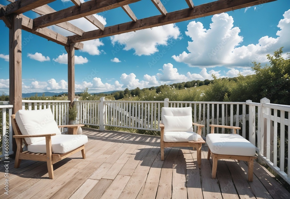 Fototapeta premium Rustic wooden terrace with a white picket fence, decorated with wood and white fabric patio furniture, under a clear blue sky with fluffy white clouds.