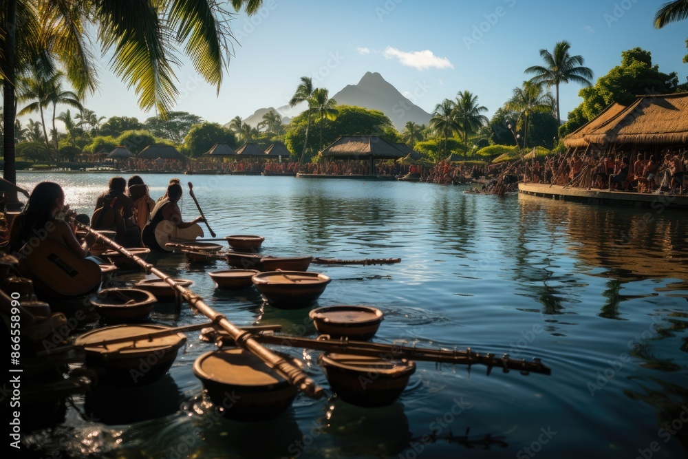 Exuberant scene in Hawaii Canoes, Hawaiian dance and volcano., generative IA