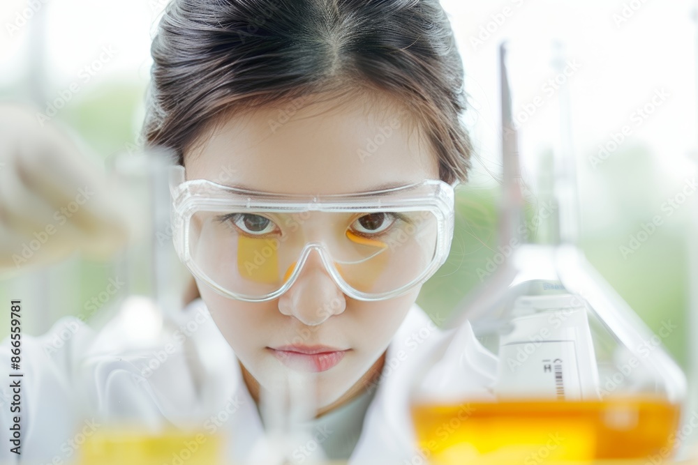 Thai female student conducting a science experiment in a lab, wearing safety goggles, [scientific research], [hands-on learning]