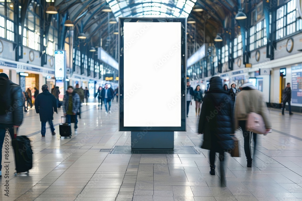 In public places, clear billboards with blank screens for advertising or promotions, mock up lightboxes for information, blank displays in station areas with daylight
