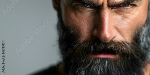Displaying Determination and Fearlessness His Rugged Appearance with a Black Beard. Concept Black Beard, Determined Look, Fearless Stance, Rugged Appearance, Bold and Confident