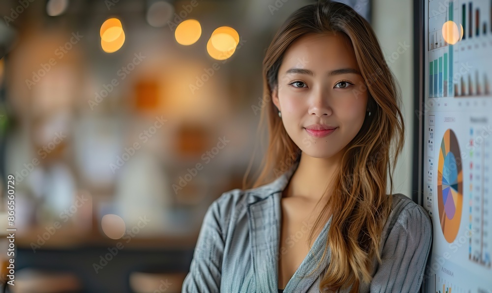Asian business woman stands beside presentation screen displaying chart on white background. Asian business woman stands beside presentation screen displaying chart on white background.