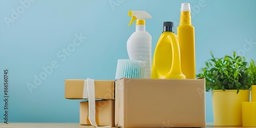 Cleaning supplies and cardboard boxes for moving into a new home. Concept Moving Supplies, New Home Essentials, Organization Tips, Cleaning Hacks