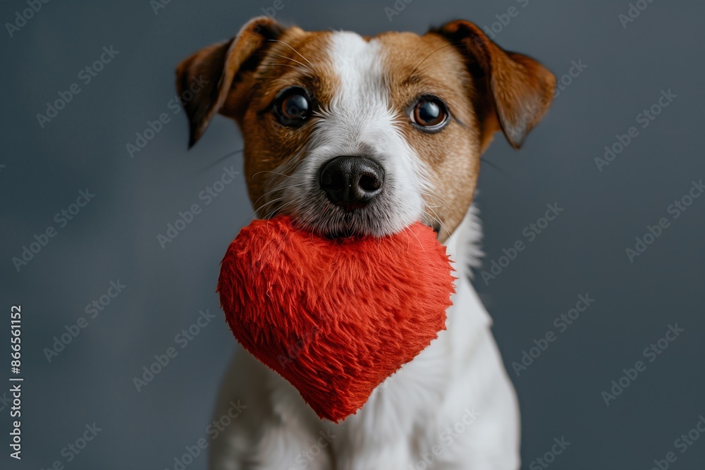 Adorable Jack Russell Terrier Holding Red Plush Heart Toy, Valentine's Day Pet Portrait with Gray Background, Love and Affection Adorable Jack Russell Terrier Holding Red Plush Heart Toy, Valentine's Day Pet Portrait with Gray Background, Love and Affection