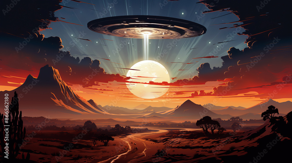 An alien UFO spaceship hovering over the desert area at night. An alien UFO spaceship hovering over the desert area at night.