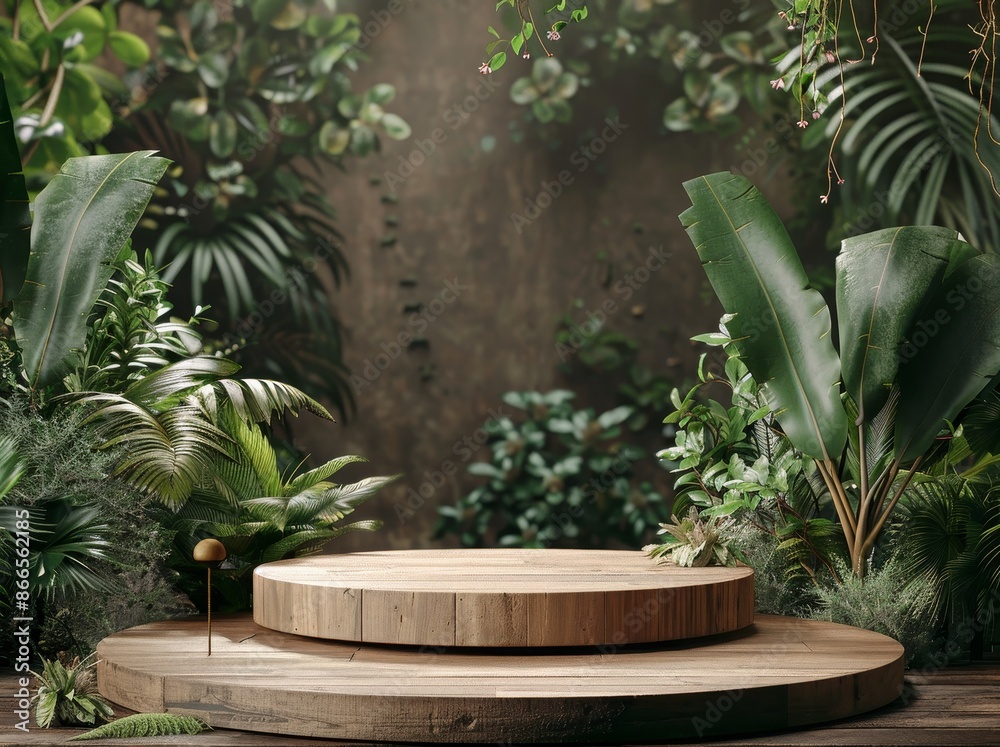 For presenting products, a wooden podium in a tropical forest is set against a green background. For presenting products, a wooden podium in a tropical forest is set against a green background.