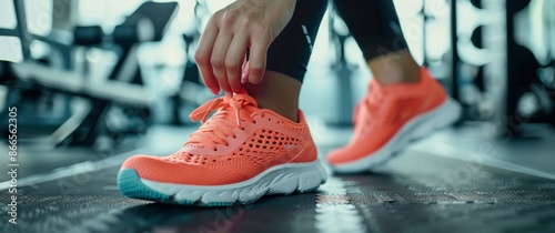 Woman Tying Running Shoe Laces on Treadmill at Gym