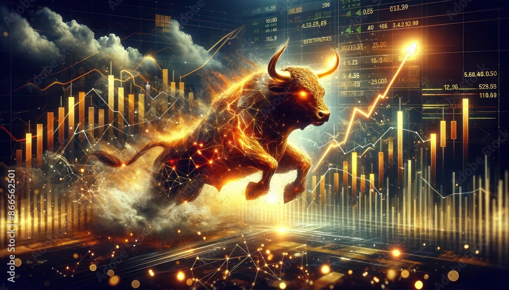 custom made wallpaper toronto digitalbullish trend in the stock market, with a fierce bull emerging from explosive, dynamic financial charts