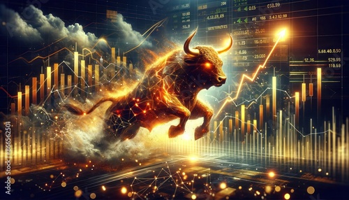 bullish trend in the stock market, with a fierce bull emerging from explosive, dynamic financial charts
