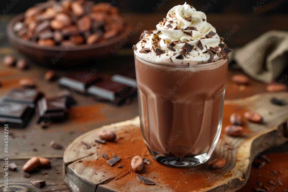 Delicious creamy hot chocolate drink with whipped cream and chocolate shavings cocoa beverage dessert concept Delicious creamy hot chocolate drink with whipped cream and chocolate shavings cocoa beverage dessert concept