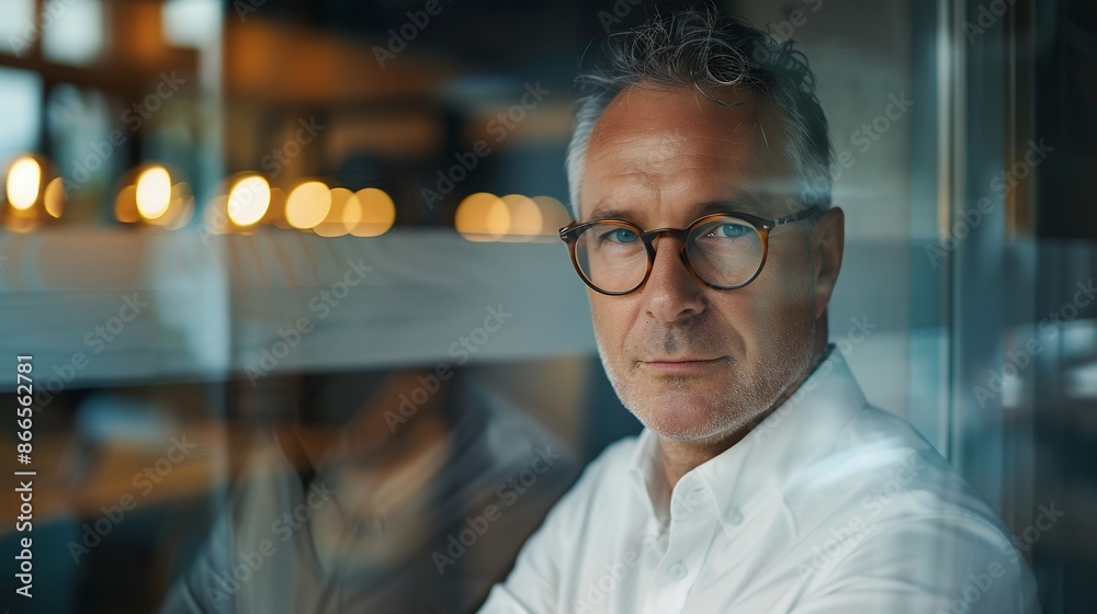 Portrait of a confident businessman in the office, a middle aged man wearing glasses and a white shirt looking at the camera with copy space on the window background. A man's portrait over a glass wal Portrait of a confident businessman in the office, a middle aged man wearing glasses and a white shirt looking at the camera with copy space on the window background. A man's portrait over a glass wal