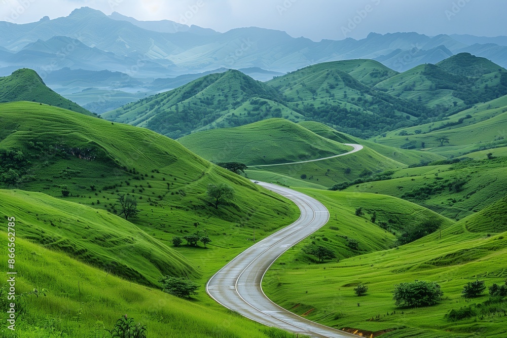 Winding mountain road through grassy hills Winding mountain road through grassy hills
