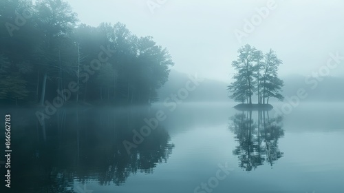 Embrace the mystique: fog-laden lake with trees reflected on its surface, capturing the enchanting allure of misty mornings